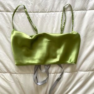 Satin Tie up Green Back Cowl Neck Top